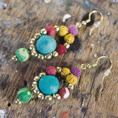 Recycled Fabric and Golden Bead Earrings